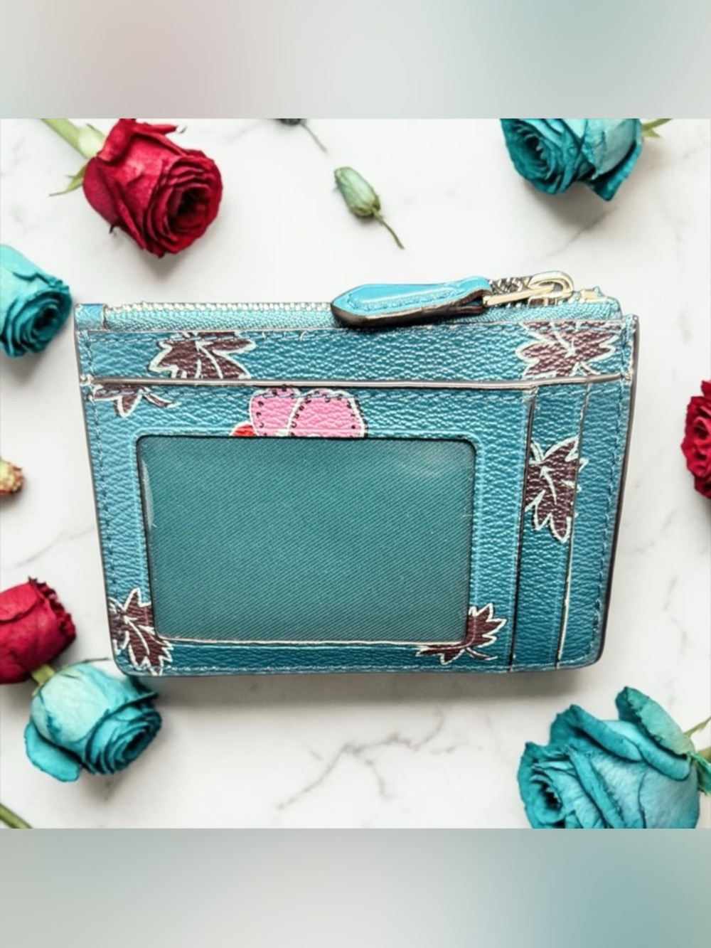 🤎COACH🤎Mini Skinny ID Case in Dark Teal Wildflower Print w/Keychain/NWOT - Picture 2 of 7